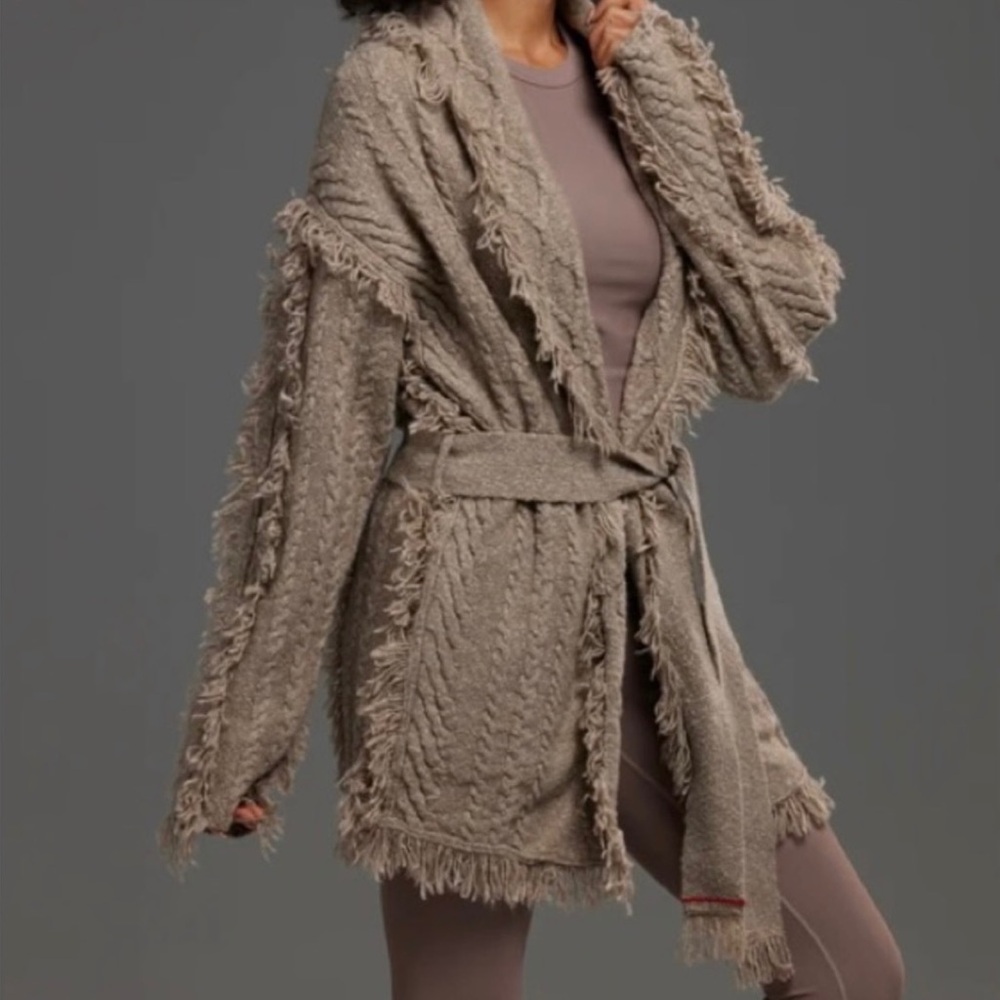 NEW Greyson Cashmere Lambswool Odin Luxury Fringed Cable-Knit Belt Cardigan Soft